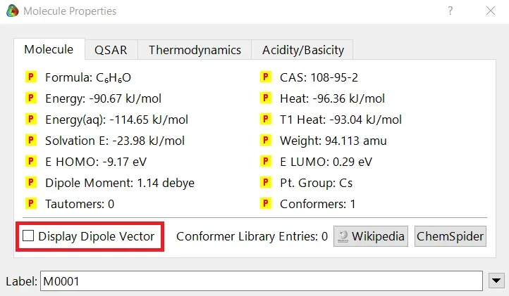 Different properties value for Phenol molecule after using PM3 semi-empirical method