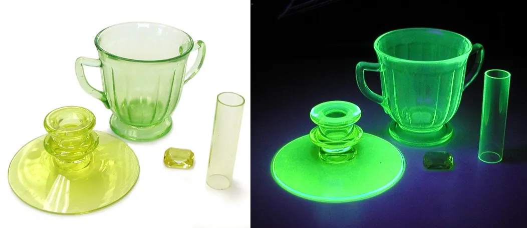 Figure 1.1 - Uranium glasses in normal light and UV light