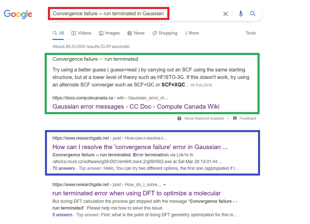 Convergence failure Google Search ScreenShot