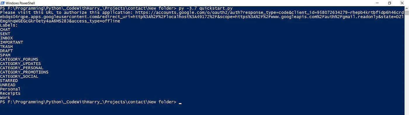 Fetched different folder and contact headings printed on the Powershell screen