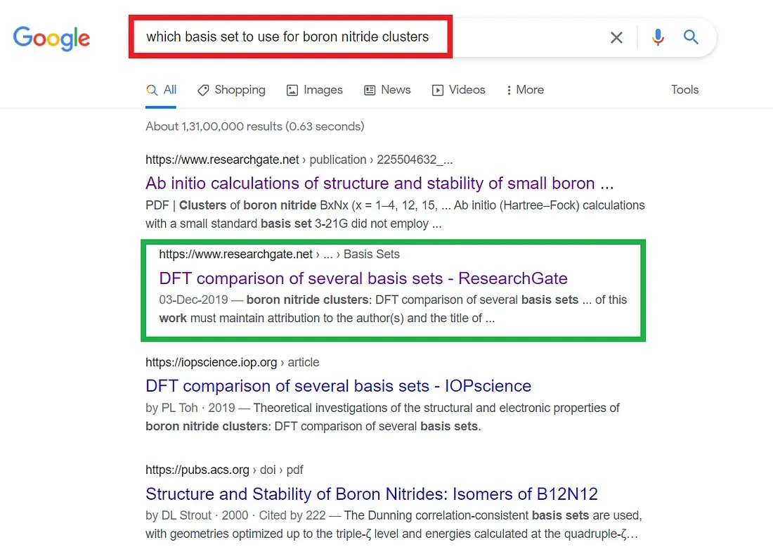 Google search result for basis set for boron nitride