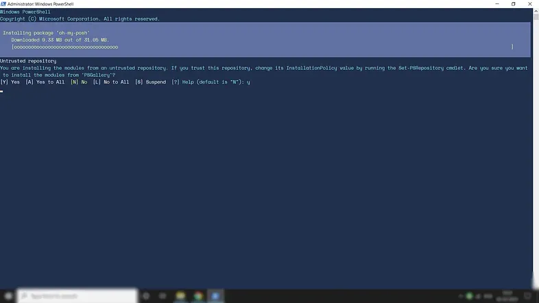 Window saying the package is being installed