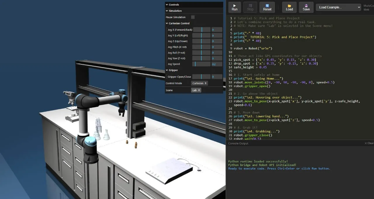 Robotic simulation interface showing UR5e arm setup